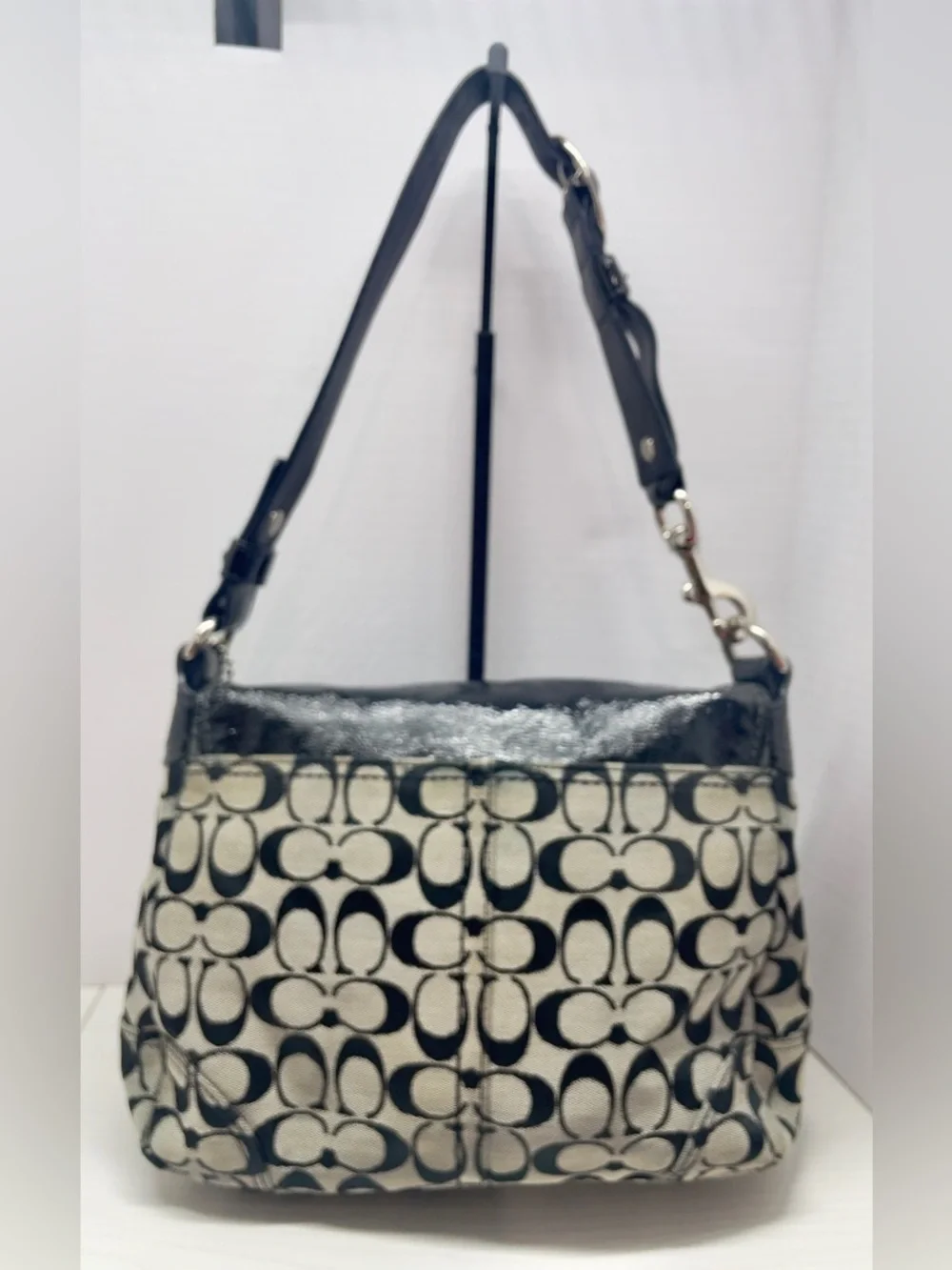 Coach Bleecker 2008 Signature Flap Shoulder Bag 12562 Black Patent Trim, Buckle - Picture 3 of 14